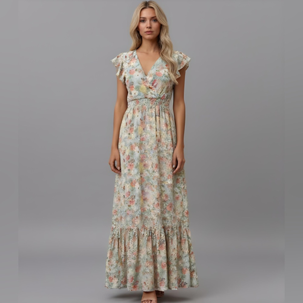 Floral Print Butterfly Sleeve Ruffle Hem Dress